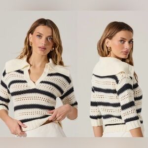 NWT Astr Striped Open Knit Polo Sweater